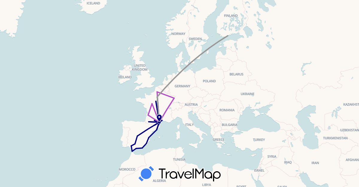 TravelMap itinerary: driving, bus, plane, train in Andorra, Spain, Finland, France (Europe)